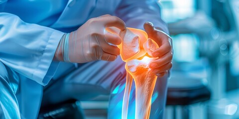 Doctor Examining a Knee Joint with X-ray Overlay