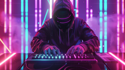A person wearing a hoodie and futuristic visor plays a keyboard in a vibrant, neon-lit setting, embodying the excitement and energy of gaming culture.