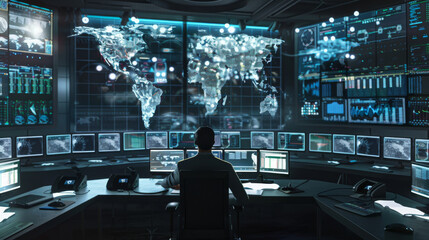 A man intensely focuses on multiple screens in a high-tech control room, teaming with data and digital maps, suggesting a mission or analysis.