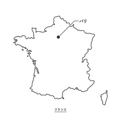 シンプルなフランスの白地図 - 首都パリの位置をマークした線画マップ - 日本語
