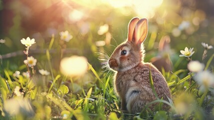 Bunny sits in sunny spring grass