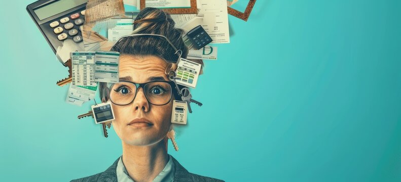 A woman wearing glasses with office supplies on her head. AIGZ01