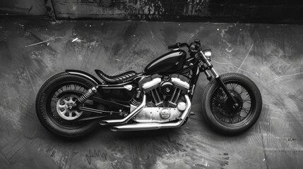 Vintage Cruiser Motorcycle Flat Lay with Bohemian Vibe in High Contrast Monochrome, High Angle View with Vignette Effect