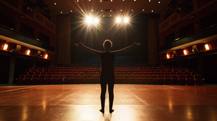 A dancer stands center stage in an empty theater, arms spread wide, basking in the glow of two powerful overhead spotlights.