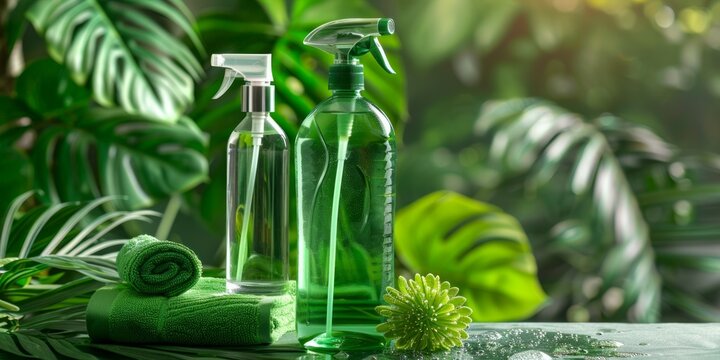 Green Cleaning Supplies on a Tropical Background