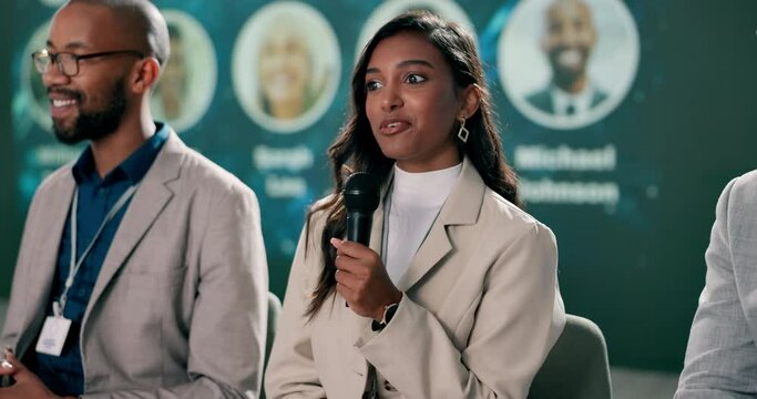 Stage, expert and speaker of science, woman and explaining of research of climate change in world. Summit, eco friendly and public speaking of scientist, mic and speech for sustainability of solution