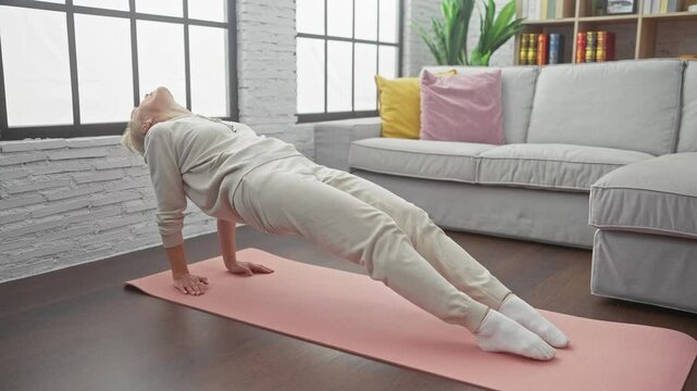 A blonde woman practices yoga in a bright indoor living room with a comfortable sofa and hardwood floor.