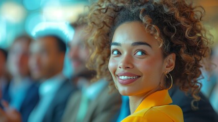 focus on a smiling black businesswoman claps joyfully at an event, set against an office background in featuring hyper-realistic details and natural light.