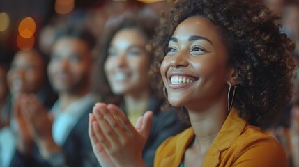 focus on a smiling black businesswoman claps joyfully at an event, set against an office background in featuring hyper-realistic details and natural light.