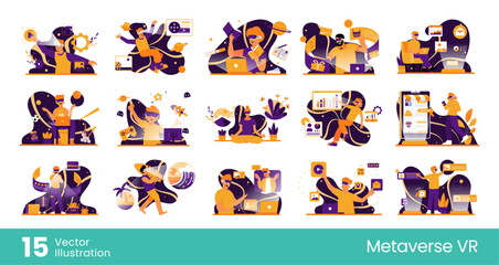 Obraz premium People are wearing VR glasses. New metaverse vectors and networks for living characters. Future innovation and communication concepts. Illustration of entertainment and visual experience