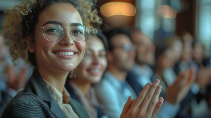 Obraz premium focus on a smiling black businesswoman claps joyfully at an event, set against an office background in featuring hyper-realistic details and natural light.