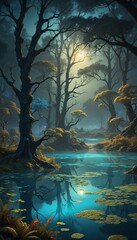 Fototapeta premium A swampy landscape with lily pads growing in the water. 