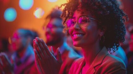 focus on a smiling black businesswoman claps joyfully at an event, set against an office background in featuring hyper-realistic details and natural light.