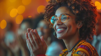 focus on a smiling black businesswoman claps joyfully at an event, set against an office background in featuring hyper-realistic details and natural light.