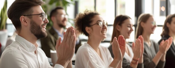 focus on a smiling black businesswoman claps joyfully at an event, set against an office background in featuring hyper-realistic details and natural light.