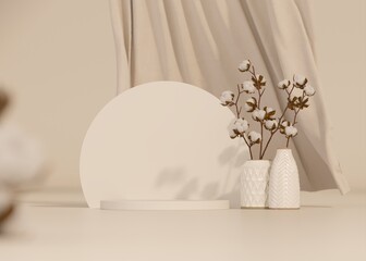 Minimal composition with Branch white cotton flowers, wooden podium on beige background. Delicate light beauty cotton background. Natural organic fiber, raw materials for making fabric. 3d render	
