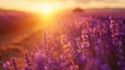 Naklejka premium Sunset over a violet lavender field in Provence, golden light, endless rows of lavender, serene atmosphere