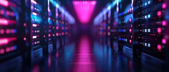 Fototapeta premium Futuristic Data Center with Neon Lights and Server Racks in a High-Tech Environment