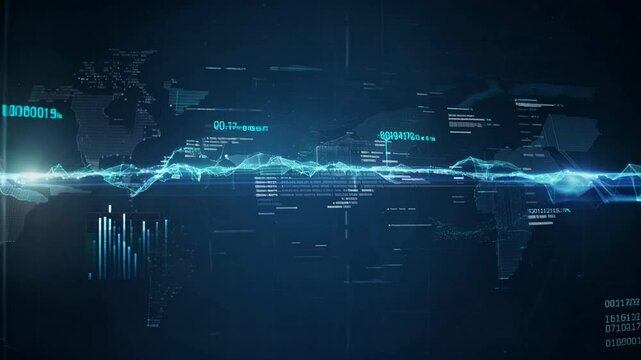 high-tech digital world map with data visualizations and graphical representations on a dark background