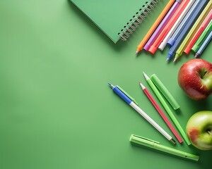 Naklejka premium School Supplies Arranged on Green Background
