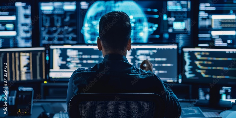 Poster A cybersecurity expert analyzing network security, highlighting the importance of digital protection