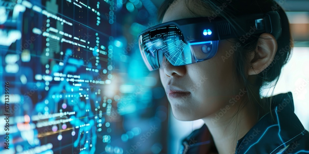 Poster A person using augmented reality glasses, experiencing digital information overlaid on the real world