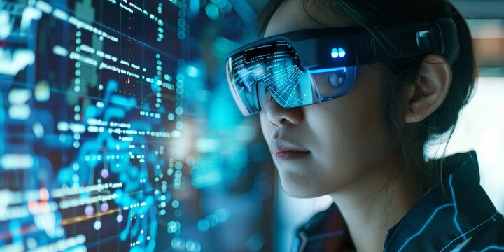 A person using augmented reality glasses, experiencing digital information overlaid on the real world