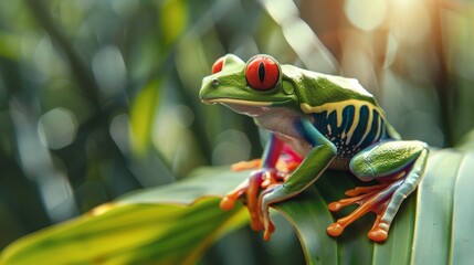 Fototapeta premium Colorful red-eyed tree frog on tropical leaf, close-up. Wildlife and nature concept