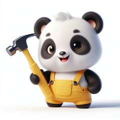 happy fluffy panda wearing yellow overalls, holding a hammer