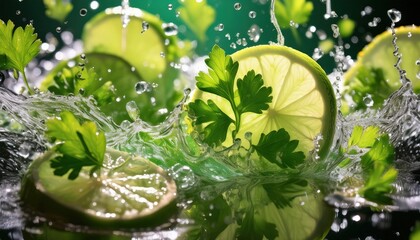 Fresh Limes and Parsley in Water Splash