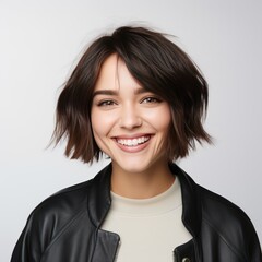 Fototapeta premium Close-up of a cheerful woman with a bob haircut, 