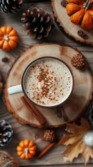 Cup of pumpkin spice latte with fall decorations on wooden background, cozy autumn concept
