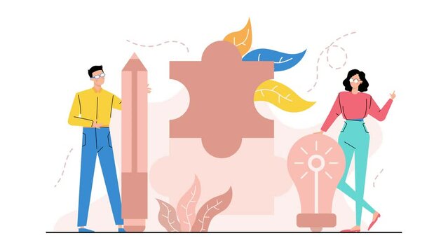 idea creativity and solution concept with a man and woman character business animated illustration video