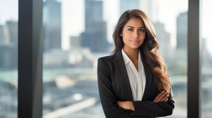Fototapeta premium Confident Indian businesswoman in modern office with city skyline
