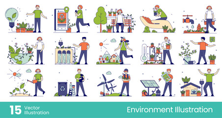 The concept of eco-friendliness has been established. Environment, eco-friendly concern for environmental sustainability. Environmentally friendly activities, energy, transportation. Flat vector illus