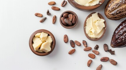 Top view copy space with cocoa butter for skincare on white background