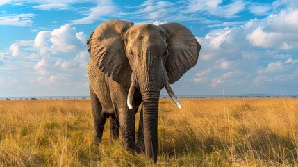 Obraz premium Majestic African elephant standing in a grassy savannah under a blue sky, showcasing the beauty and grandeur of wildlife