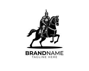 Fototapeta premium woodcut linocut engraving black ink print style logo of black knight in his iron full body armour riding his black horse