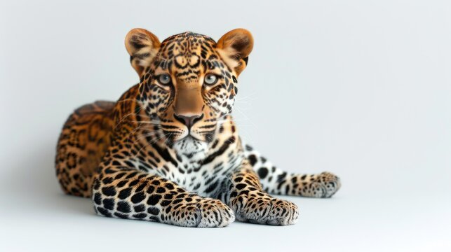 A close-up of a majestic leopard resting on a plain background, showcasing its stunning spotted fur and piercing gaze
