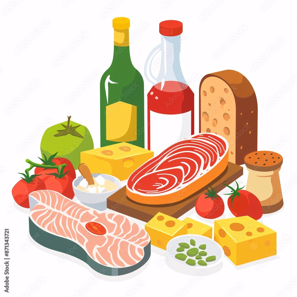 Wall mural a simple vector icon illustration depicting the group of low-carb food items at center for a website