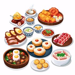 A simple vector icon illustration depicting the group of traditional food items at center for a website isolated white background