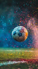 Fototapeta premium Win the football championship in the evening stadium! Tinsel and confetti. The hue is yellow. European Cup, World Championships, game celebration, entrance, boiling, heat, hobbies, profession, sports 