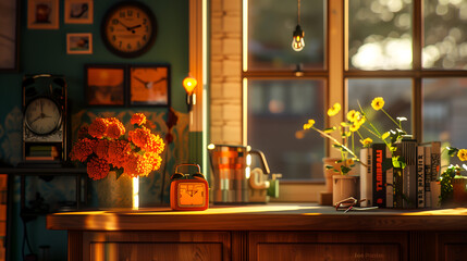 Writing desk by the window, orange coloer, Octane rendering, atmospheric lighting.