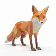 3D Render, Low Poly style of a cute stop motion fox, on isolated white background, Generative AI