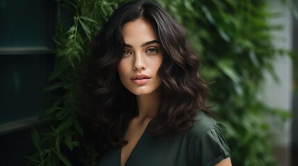Naklejka premium Portrait of relaxed and confident woman with background of green leaves 