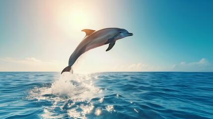 A dolphin leaping over the blue sea.