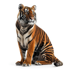 Obraz premium A majestic tiger sitting gracefully in front of a plain white background.