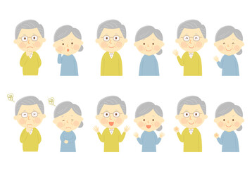 高齢者夫婦の色々な表情セット　ベクター　イラスト