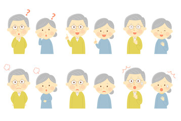 高齢者夫婦の色々な表情セット　ベクター　イラスト