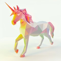 Obraz premium 3D Render, Low Poly style of a mystical stop motion unicorn, on isolated white background, Generative AI